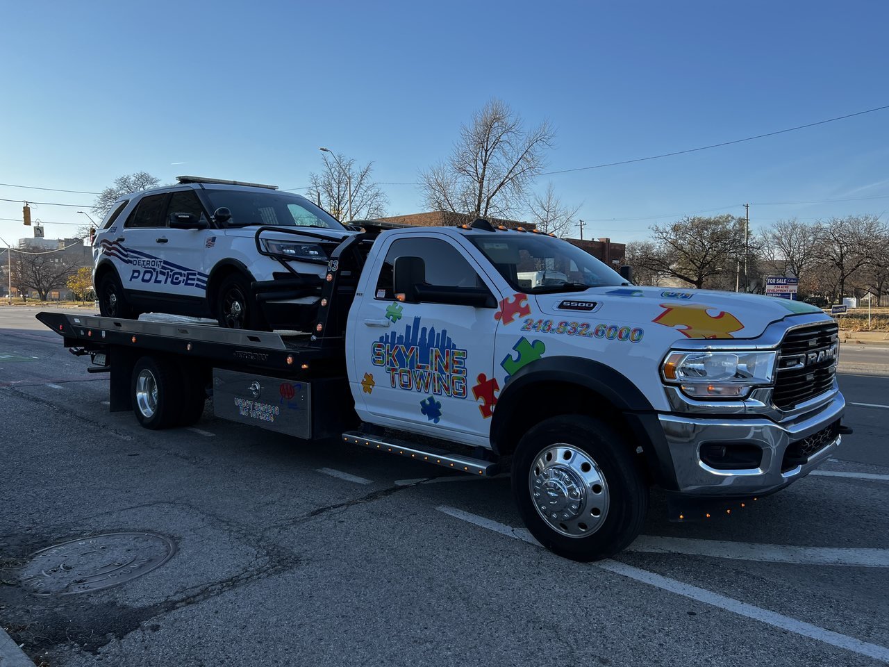Police patrol vehicle on a Skyline flatbed